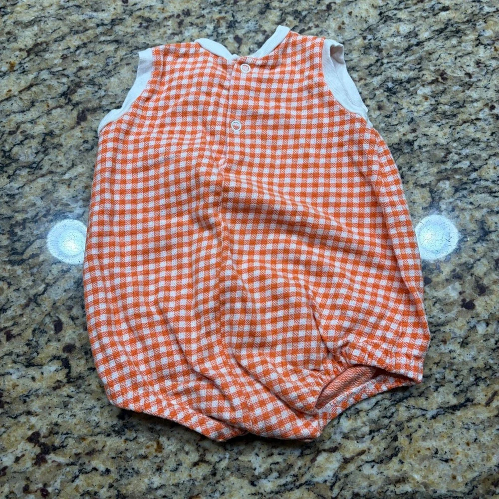 Vintage Baby Orange Gingham Flower Embroidered Bubble Romper Sunsuit Sleeveless